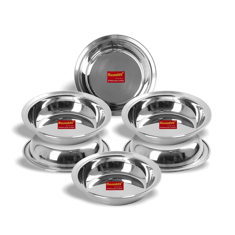 Sumeet Stainless Steel Heavy Gauge Multi Utility Serving Plates with Mirror Finish 19cm Dia | Grocsy