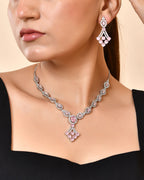 VOJ Silver Plated Baby Pink Ad Stone Studded Necklace Set | Grocsy