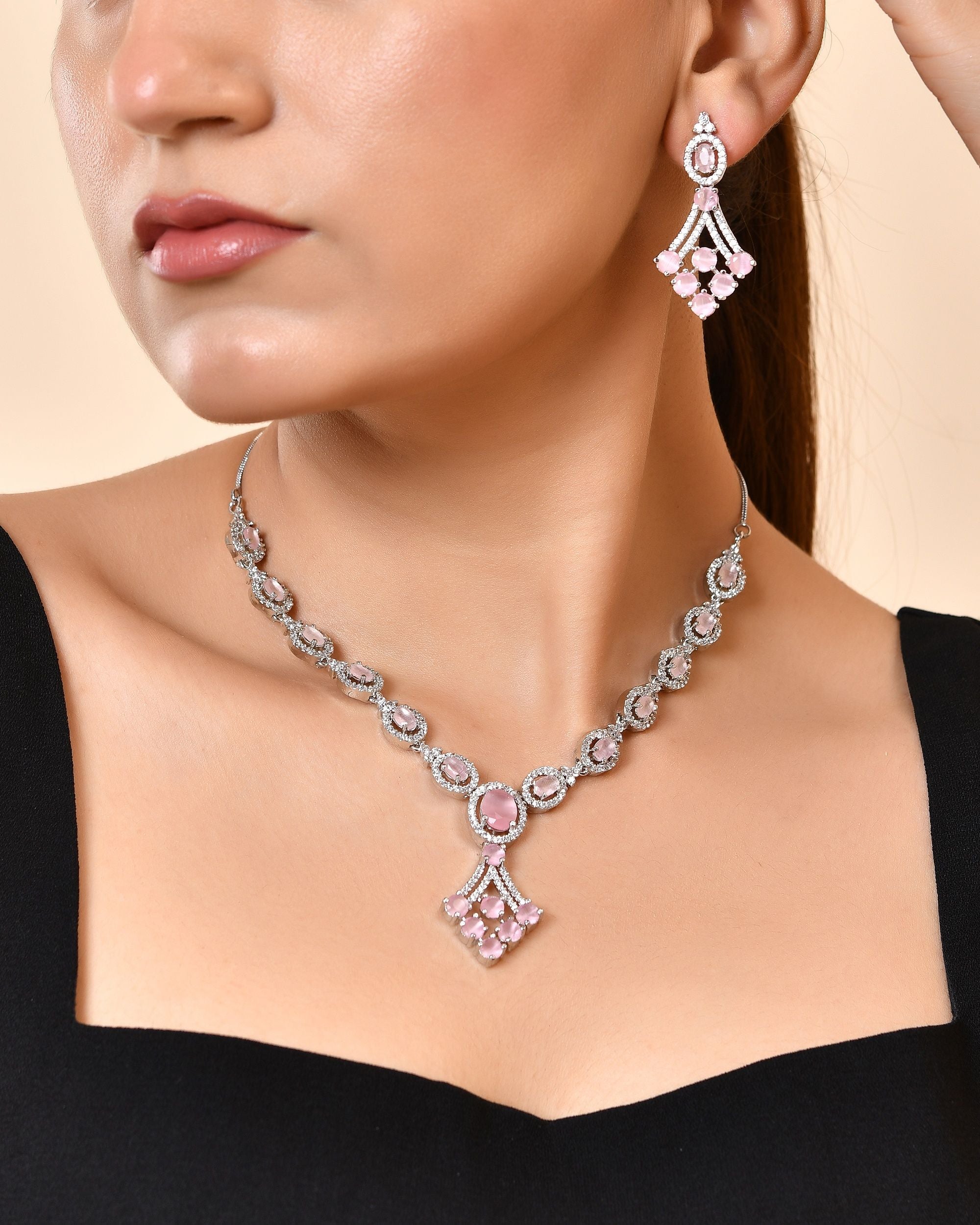 VOJ Silver Plated Baby Pink Ad Stone Studded Necklace Set | Grocsy