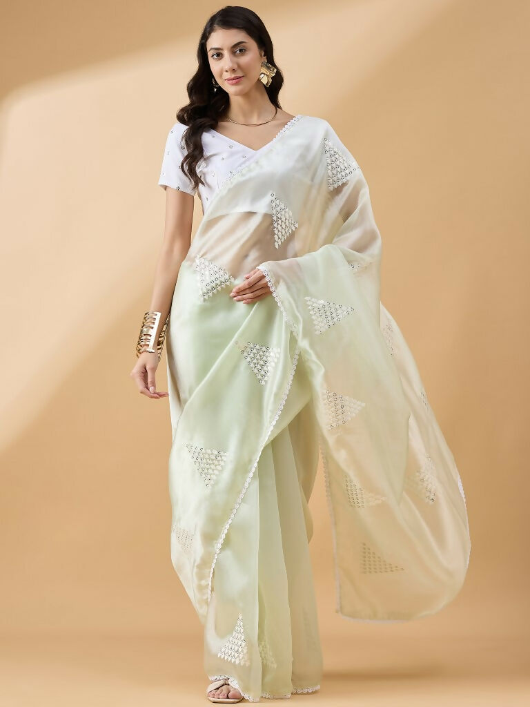 Green Tissue Slub Embroidered Saree with Unstitched Blouse - Vairagi | Grocsy
