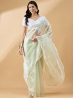 Green Tissue Slub Embroidered Saree with Unstitched Blouse - Vairagi | Grocsy