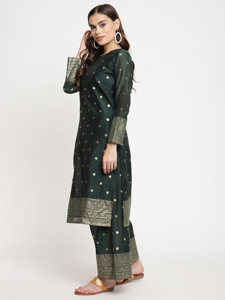 Ahalyaa Dark Green Gold Print Kurta Palazzo Set With Dupatta | Grocsy