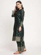 Ahalyaa Dark Green Gold Print Kurta Palazzo Set With Dupatta | Grocsy