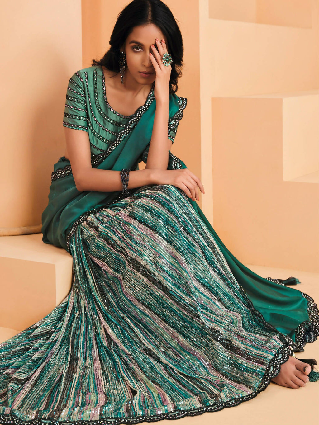 Sea Green Satin Crepe Silk Sequence Embroidered Saree With Unstitched Blouse - Mohmanthan Yavanika | Grocsy