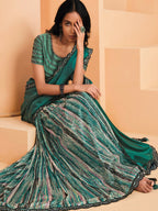 Sea Green Satin Crepe Silk Sequence Embroidered Saree With Unstitched Blouse - Mohmanthan Yavanika | Grocsy