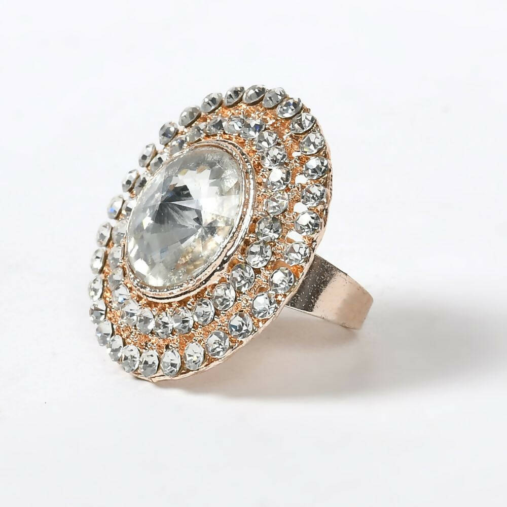 Mominos Fashion Joharkamal Gold-Polished Stone Studded Adjustable Finger Ring - Design 06 | Grocsy