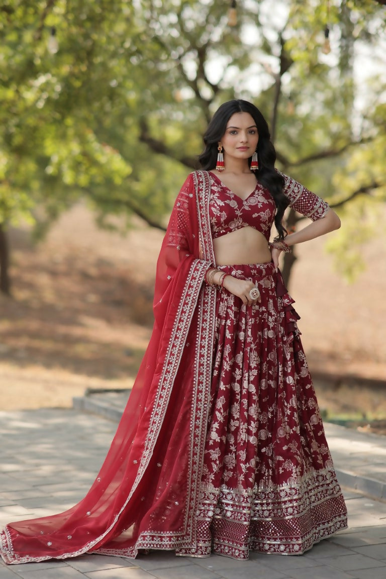 Vastranavya Designer Dyeable Pure Viscose Jacquard Fabric Lehenga Choli & Dupatta Set - Maroon | Grocsy