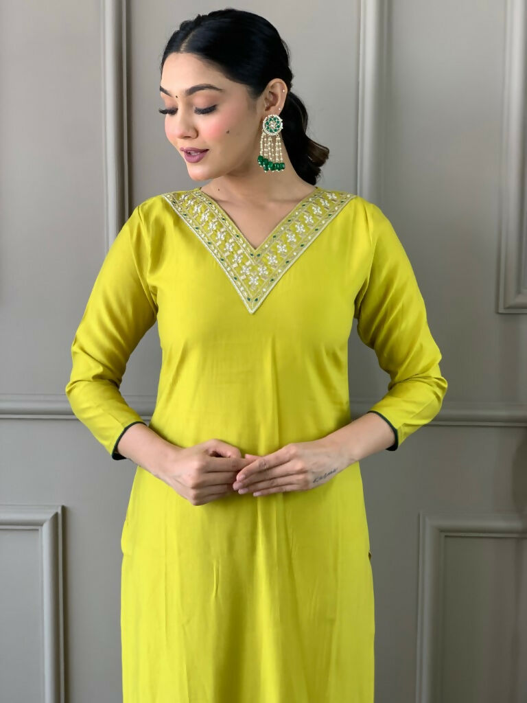 Partywear Designer Lemon Yellow Viscos Chanderi Stitched Suit With Dupatta - Tanisha | Grocsy