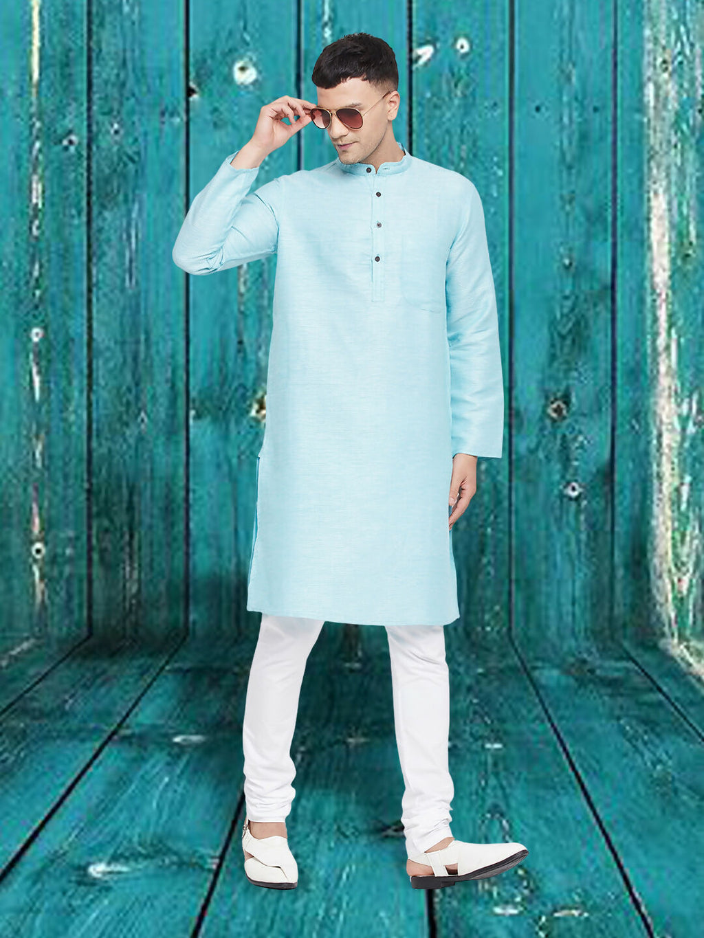 Even Apparels Men's Pure Cotton Turquoise Kurta | Grocsy