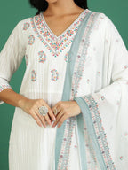 Sangria Printed Pure Cotton V- Neck Kurta & Trousers With Dupatta | Grocsy