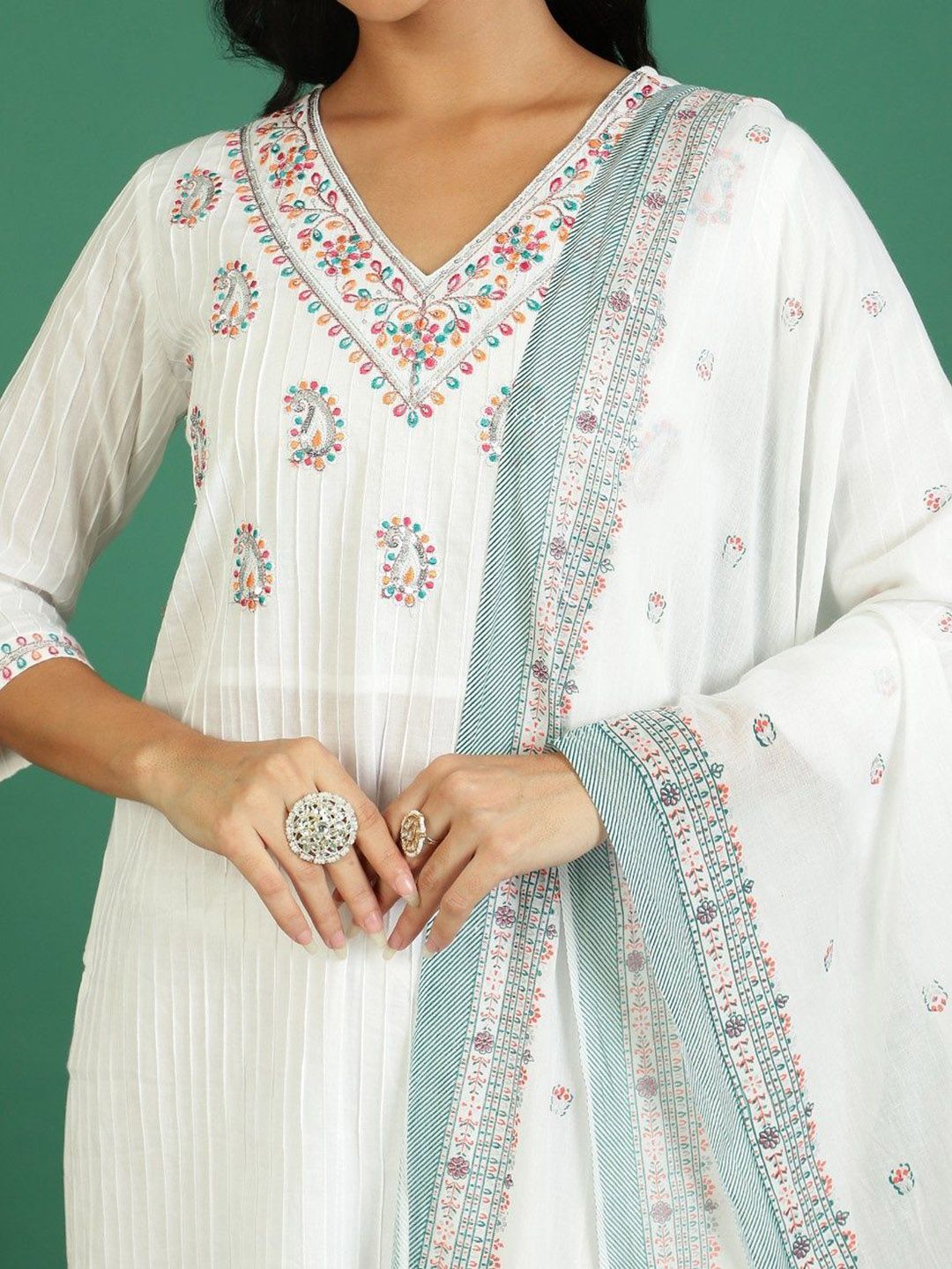 Sangria Printed Pure Cotton V- Neck Kurta & Trousers With Dupatta | Grocsy