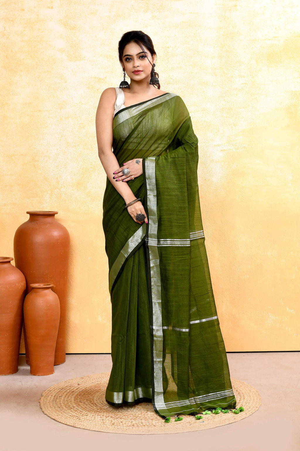 Piyari Fashion Women's Moss Green Embellished Cotton Blend Zari Border Handloom Saree | Grocsy