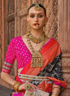 Black Silk Abstract Printed Saree With Unstitched Blouse Piece - Aanchal | Grocsy