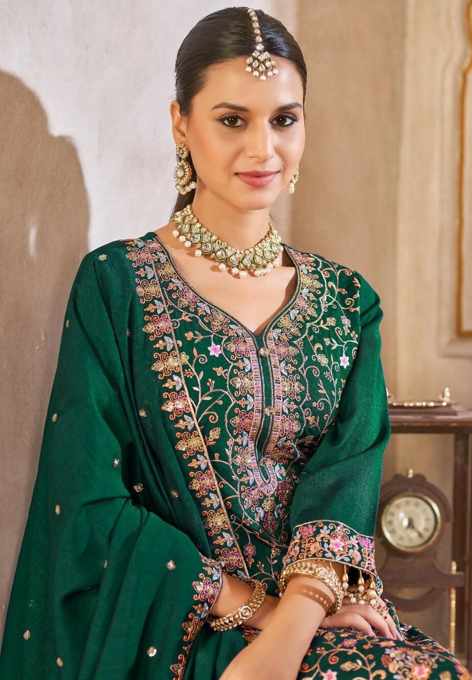 Anaita Green Vichitra Silk Readymade Suit with Embroidery & Lace Work | Grocsy