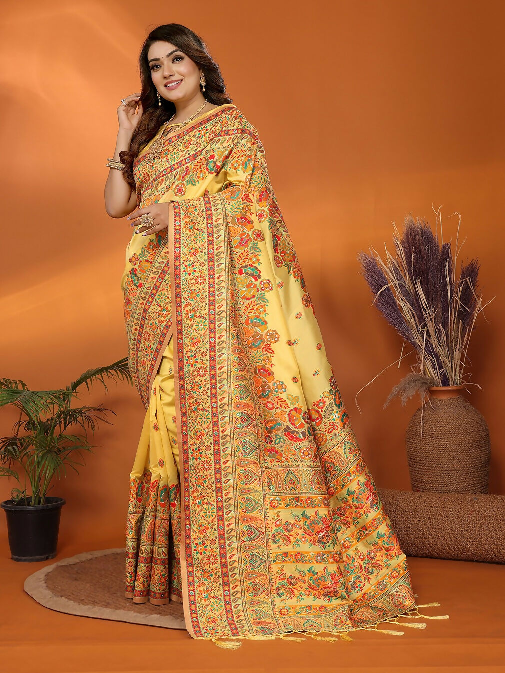 Joban Fashion Yellow Meena Weaves Pashmina Sarees | Grocsy