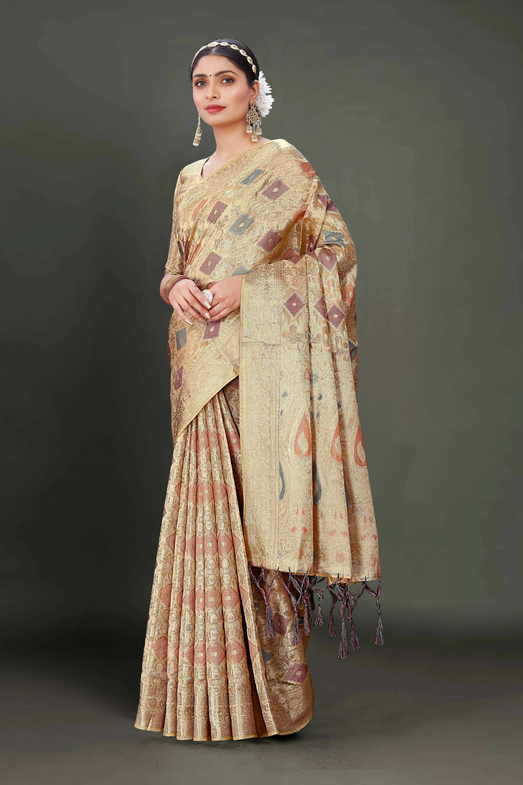 Beige Soft Organza Woven Design Saree With Unstitched Blouse Piece - Zaara | Grocsy