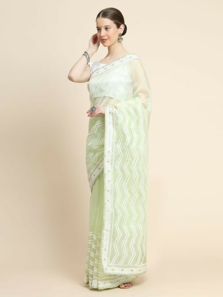 Vamsee Banno Lehriya Yellow Organza Saree | Grocsy