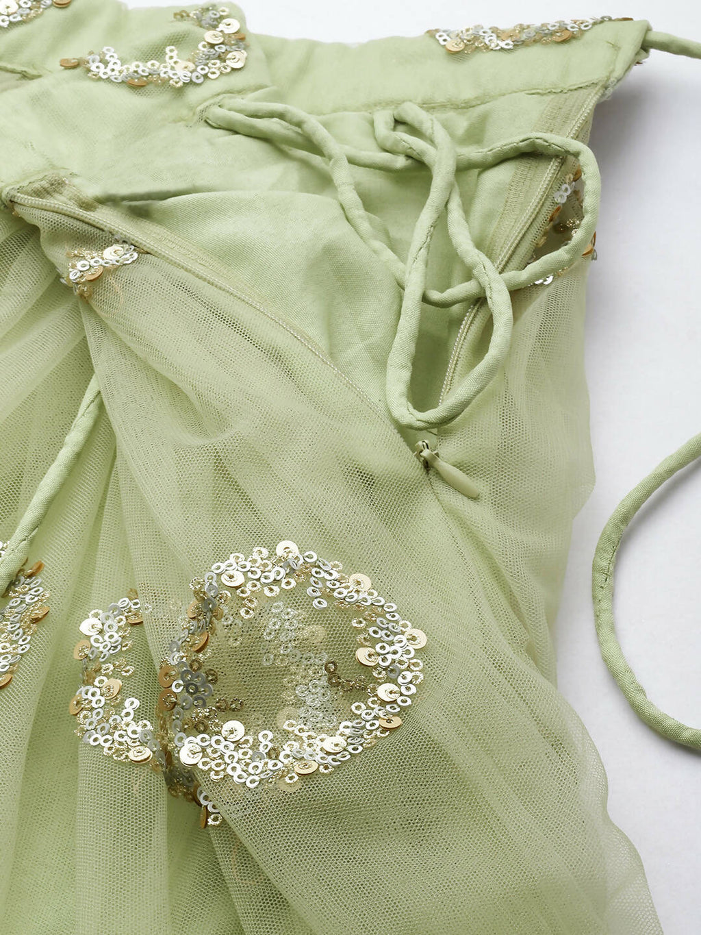 House of Panchhi Lime Green Net Embroideried Round Sequins Lehenga | Grocsy