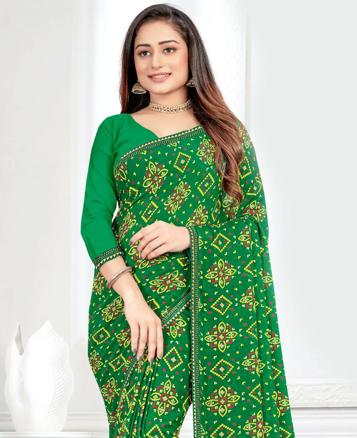 Green Georgette Bandhani Printed Saree With Unstitched Blouse Piece - Jyoti | Grocsy