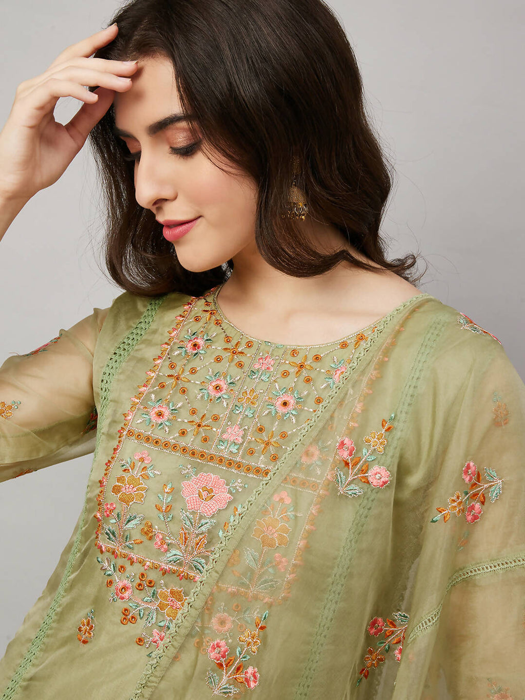 Green Organza Embroidered Kurta with Bottom & Dupatta - Salimar | Grocsy