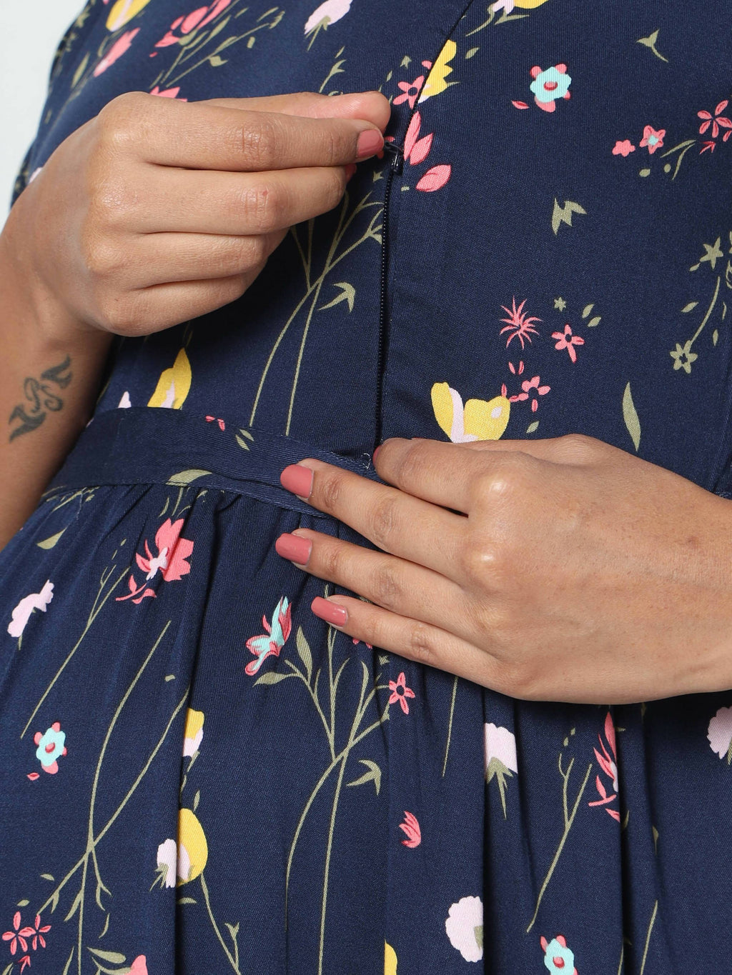 Manet Three Fourth Maternity Dress Floral Print With Concealed Zipper Nursing Access - Navy Blue | Grocsy