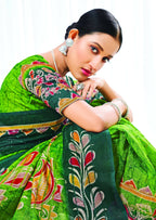 Light Green Chanderi Cotton Floral Printed Saree With Unstitched Blouse Piece - Kathika | Grocsy