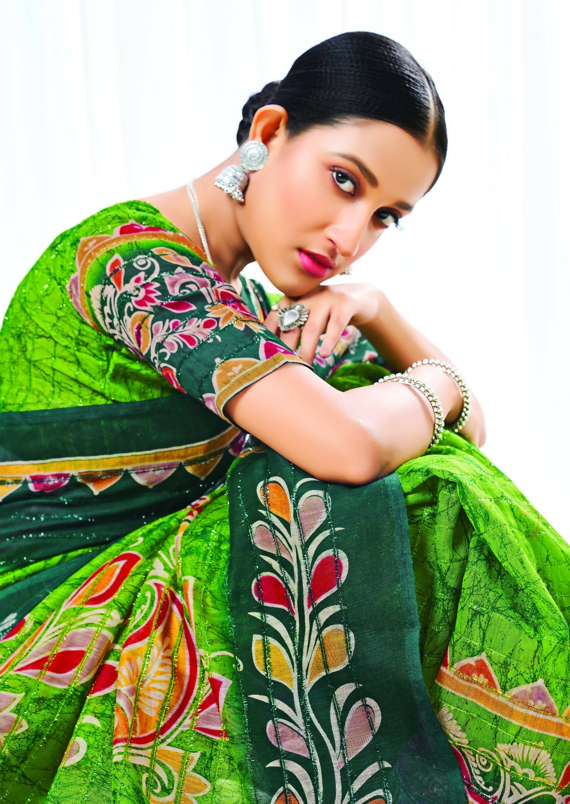 Light Green Chanderi Cotton Floral Printed Saree With Unstitched Blouse Piece - Kathika | Grocsy
