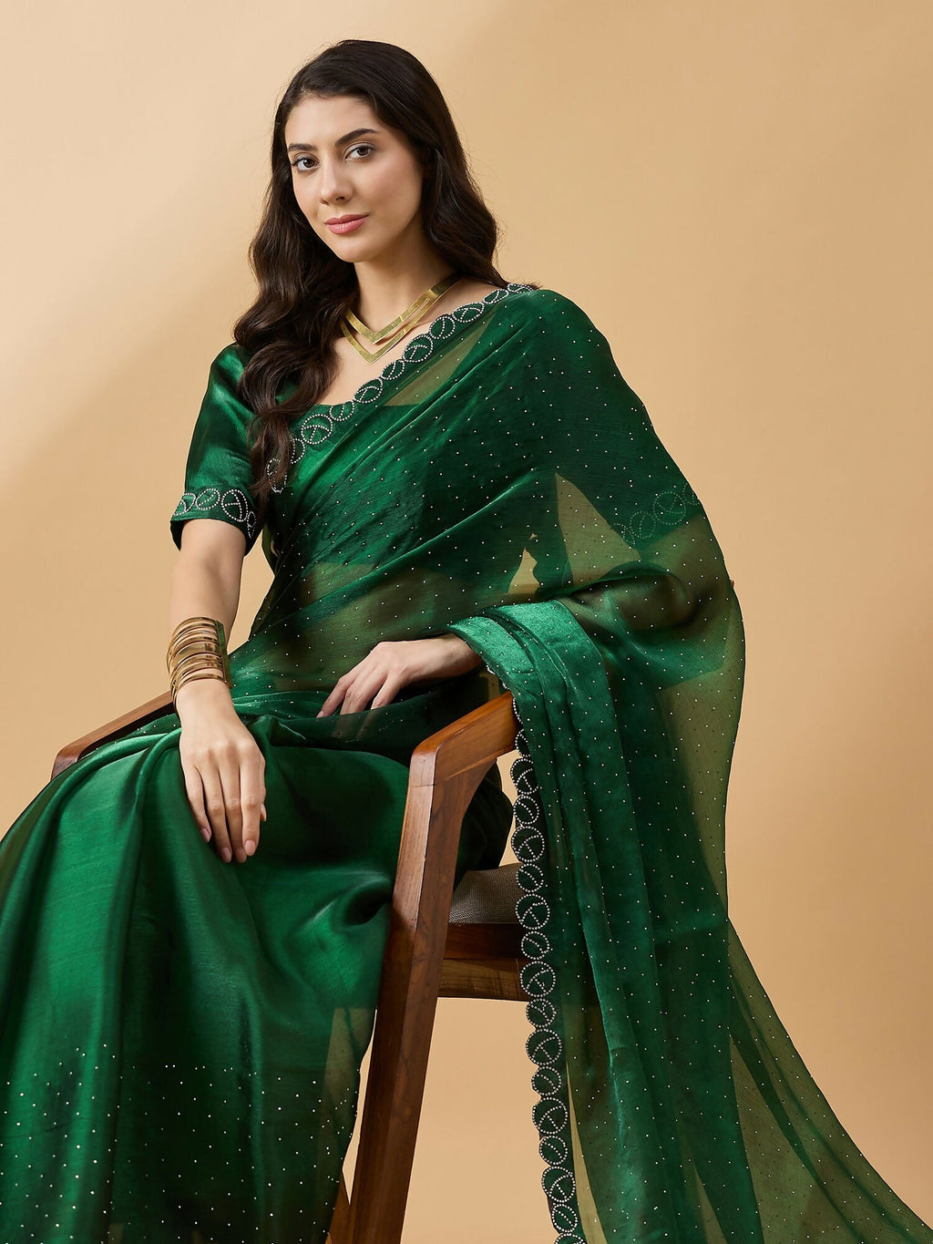 Green Organza Swaroski Diamond Work Saree with Unstitched Blouse - Radha | Grocsy
