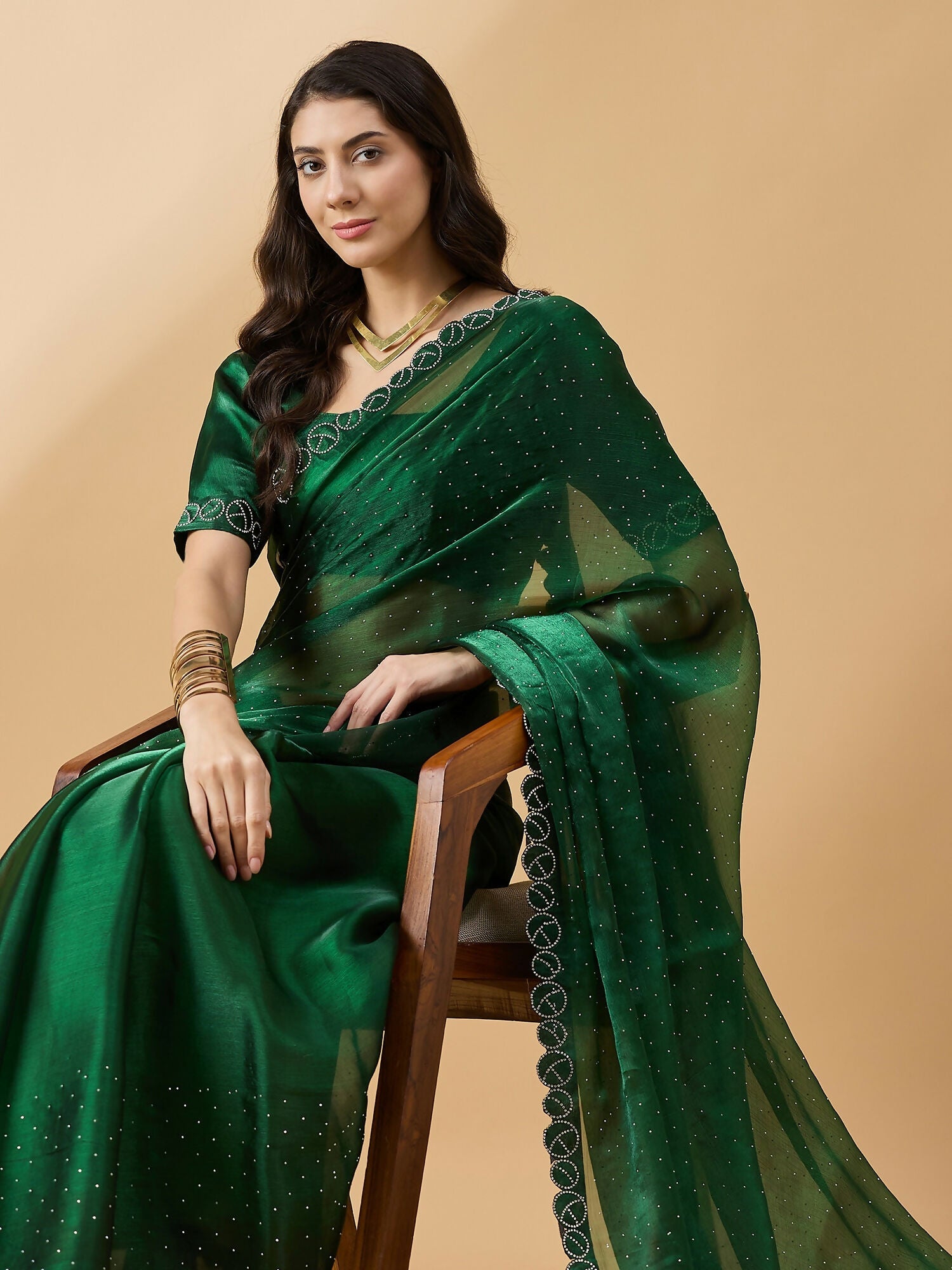 Green Organza Swaroski Diamond Work Saree with Unstitched Blouse - Radha | Grocsy