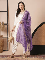 Off White Roman Silk Embroidery Work, Printed Kurta Set - Riya | Grocsy