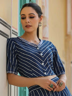 Juniper Navy blue Striped Printed cotton flex Crop Top & Pants Set With Thread Work | Grocsy
