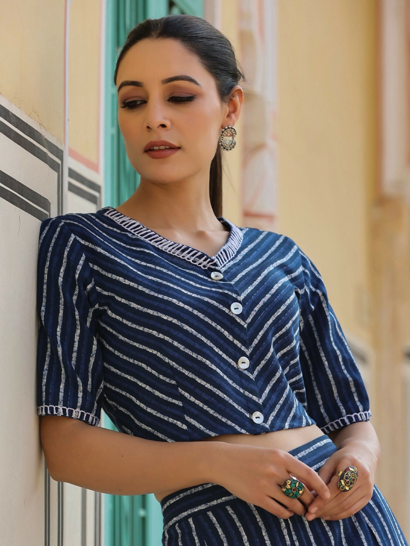 Juniper Navy blue Striped Printed cotton flex Crop Top & Pants Set With Thread Work | Grocsy