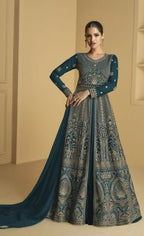 Vastranavya Teal Georgette Embroidered Sequins Work Anarkali Style A Line Suits | Grocsy