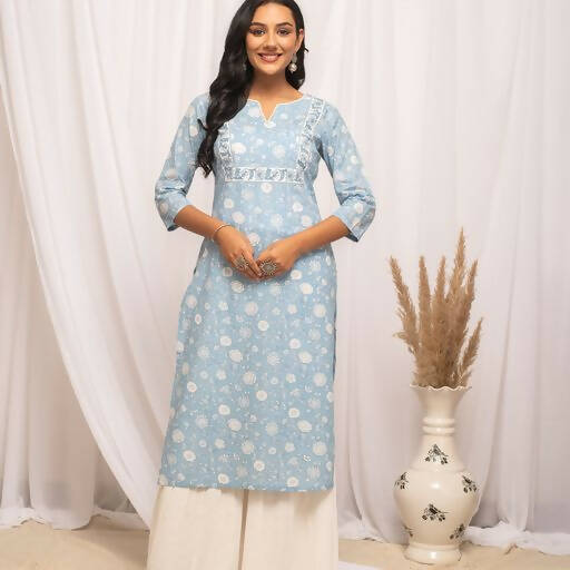 FIORRA Women's Floral Printed Sky Blue Cotton Straight Kurta | Grocsy
