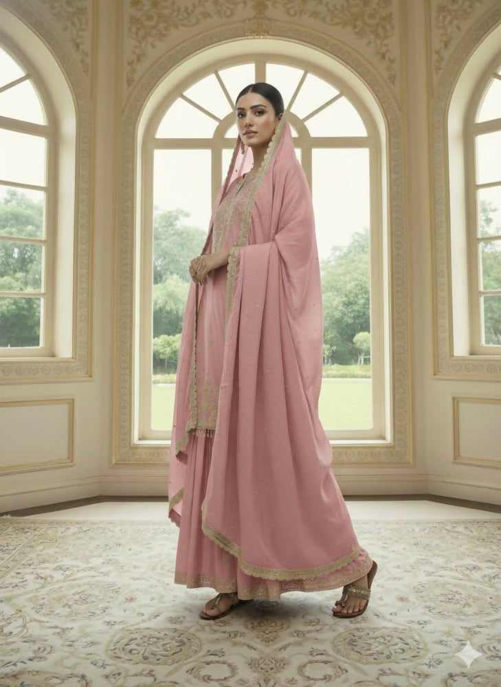 Teeya Creation Peach Color Chinnon Silk Embroidery Work Wedding Wear Salwar Suit | Grocsy