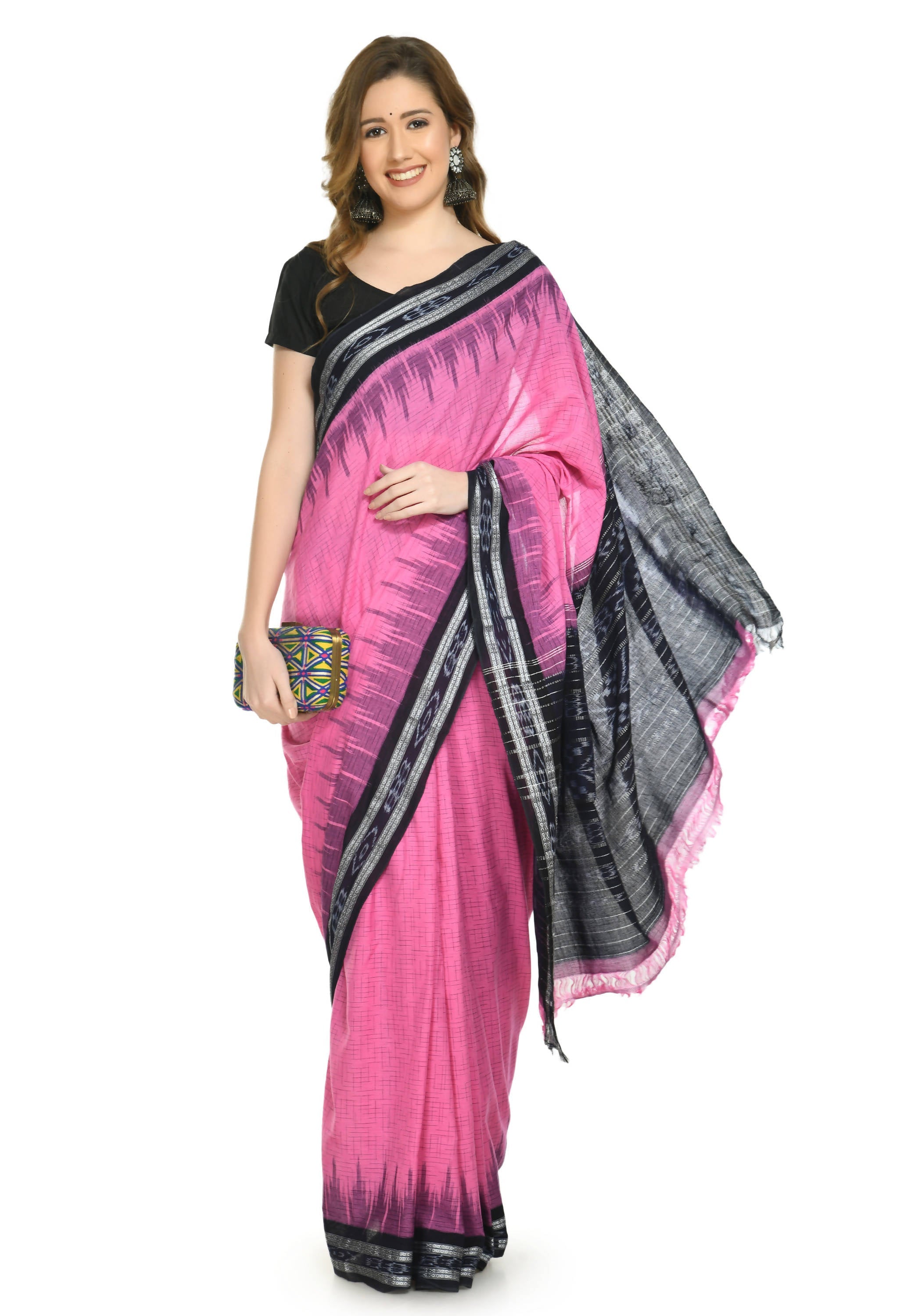 Vamika Sambalpuri Ikat Cotton Jharana Pink & Black Saree | Grocsy