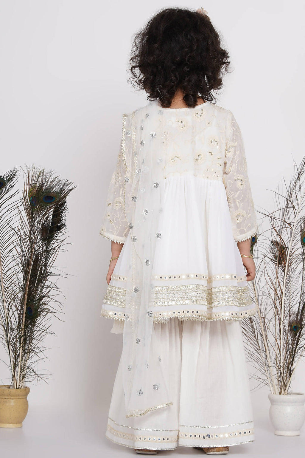 Little Bansi Girls Cotton Floral Embroidery & Lacework Kurta with Sharara & Dupatta - White | Grocsy