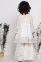 Little Bansi Girls Cotton Floral Embroidery & Lacework Kurta with Sharara & Dupatta - White | Grocsy
