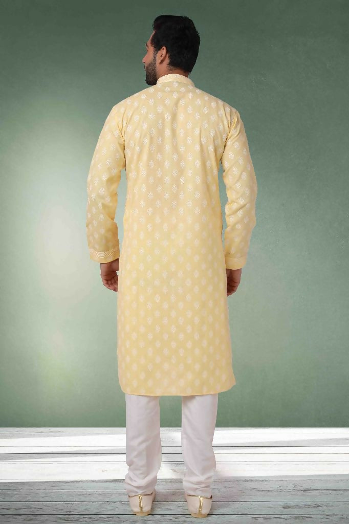 Raivat Ethnic Cotton Printed Work Kurta Pajama In Lemon Yellow Colour | Grocsy