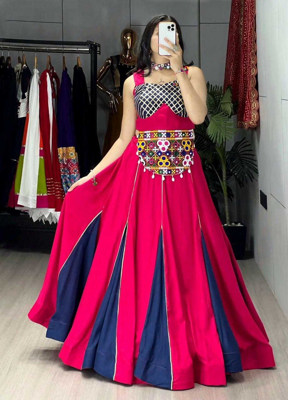 Yash Enterprise Gajari Navy Blue Rayon Cotton Embroidery Semi Stitched Navratri Top Chaniya Choli | Grocsy