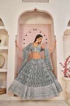 Aastha Fashion Gray Butterfly Net White Cotton Thread Work, Zari Work And Sandwich Sequence Work Embroidery Wedding Wear Lehenga Choli | Grocsy