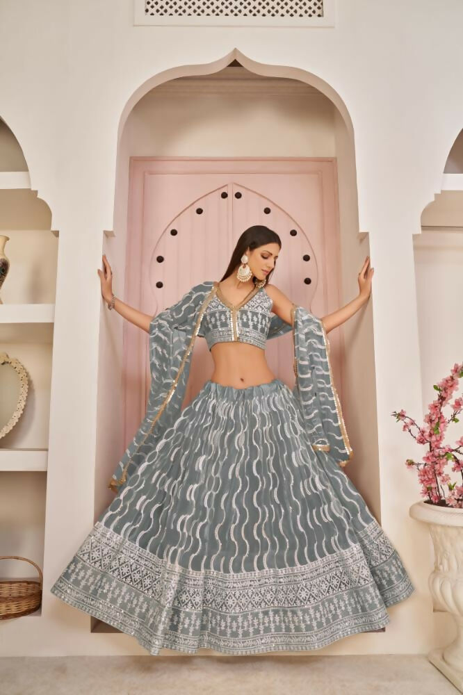 Aastha Fashion Gray Butterfly Net White Cotton Thread Work, Zari Work And Sandwich Sequence Work Embroidery Wedding Wear Lehenga Choli | Grocsy
