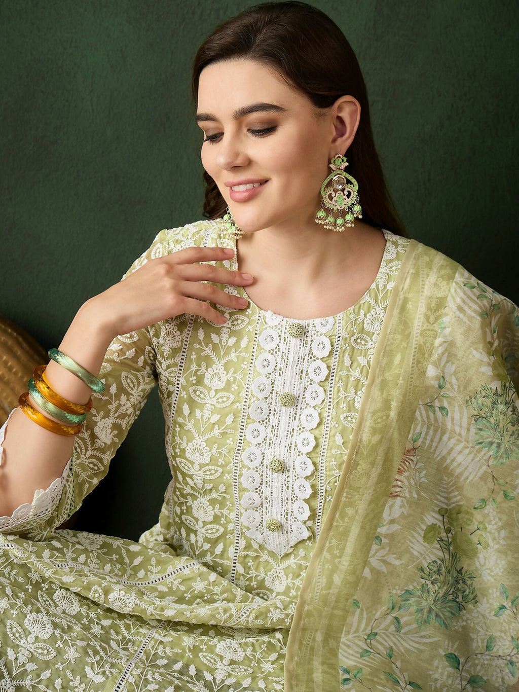 Green Crystal Organza schiffli embroidery Kurta With Trouser & Dupatta - Bhumi | Grocsy