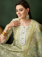 Green Crystal Organza schiffli embroidery Kurta With Trouser & Dupatta - Bhumi | Grocsy
