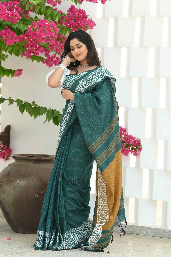 Beatitude Green Cotton Jacqaurd Border Tangail Handloom Saree | Grocsy
