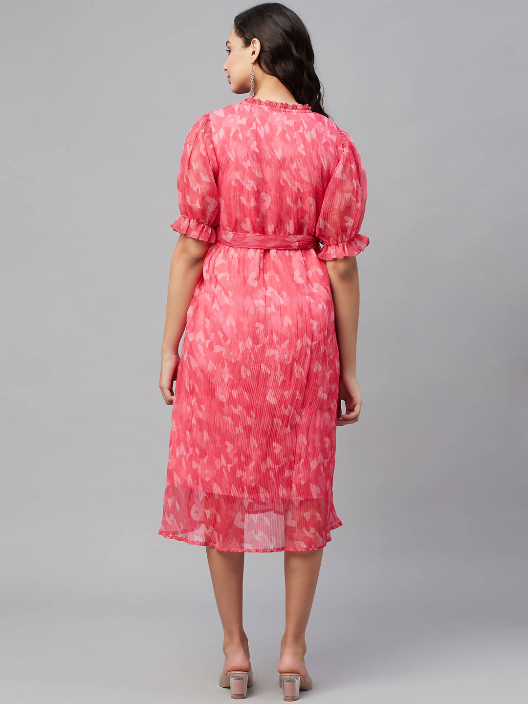 Myshka Women Pink Printed Half Sleeve Round Dress | Grocsy