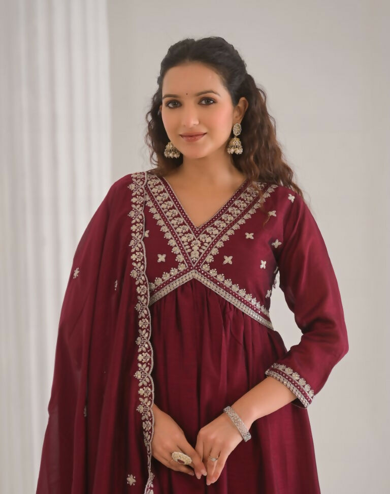 Ethnic Festive Wear Vichitra Silk Wine Stitched Suit With Dupatta - Tanisha | Grocsy