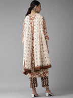 Yufta Brown & Off White Floral Print Kurta with Trousers and Dupatta Set | Grocsy