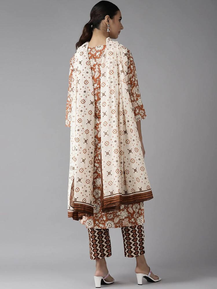 Yufta Brown & Off White Floral Print Kurta with Trousers and Dupatta Set | Grocsy