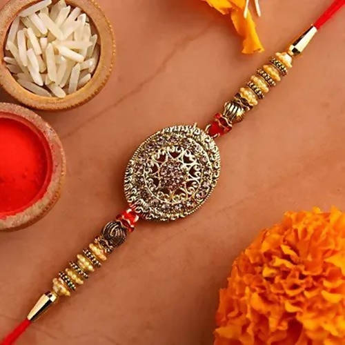Luxury American Diamond Rakhi and Almond Treat Chocolate | Grocsy